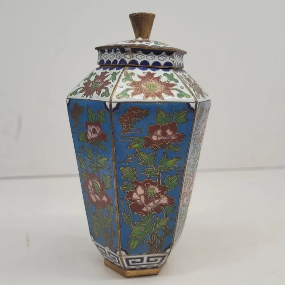 Vintage Chinese Cloisonné Blue Peony Butterfly Hexagonal Lidded Ginger Jar Decor